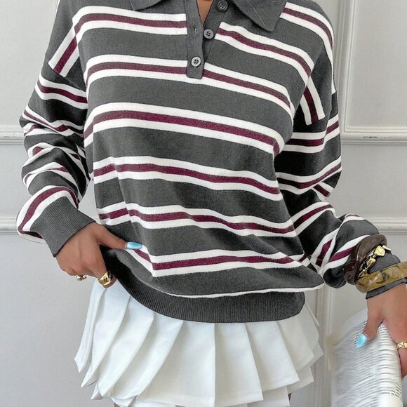 Dark Grey Women's Striped collar knit Sweater top - Picture 3 of 6